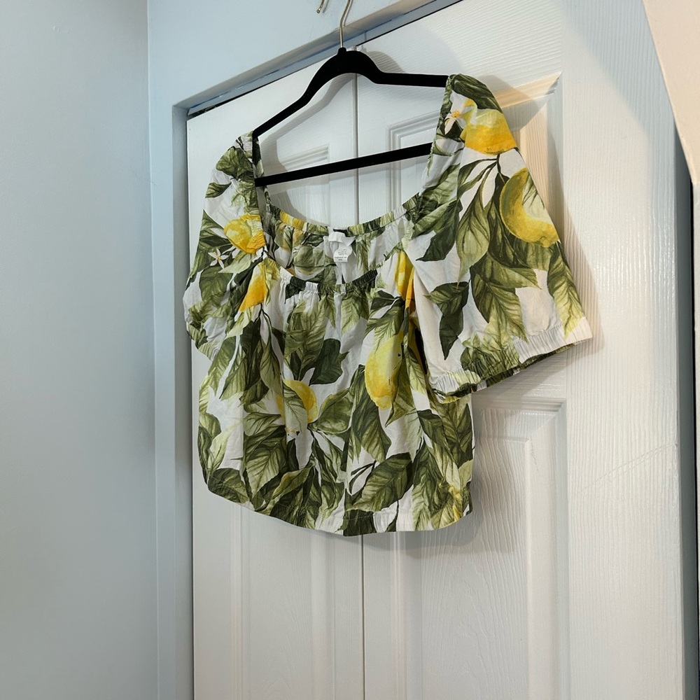 H&M Lemon Print Puff Sleeve Crop Top Women’s Large Cottagecore Summer Blouse